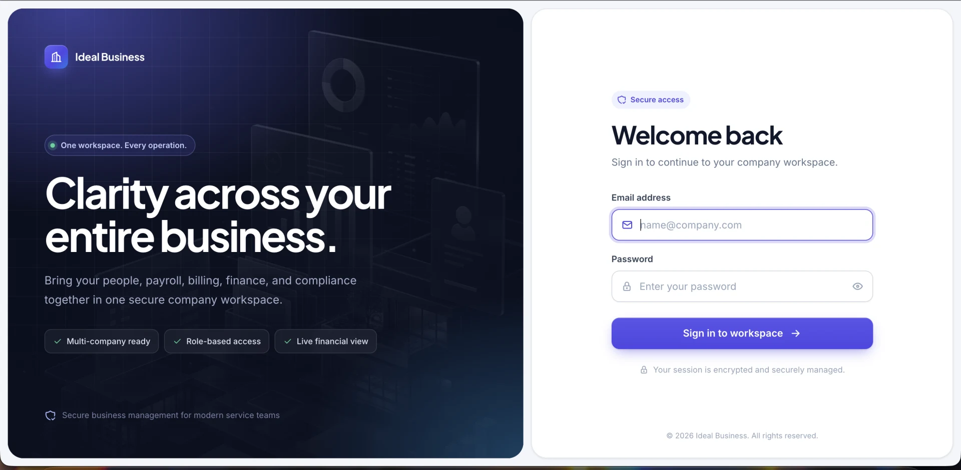 BizCore secure sign-in: A secure sign-in to the company workspace.