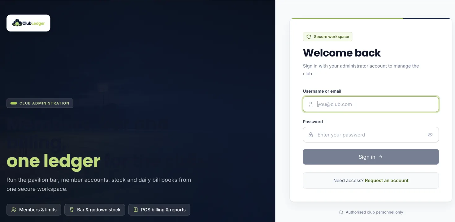 ClubLedger sign in: A secure sign-in for authorised club personnel, with access requests for new staff.