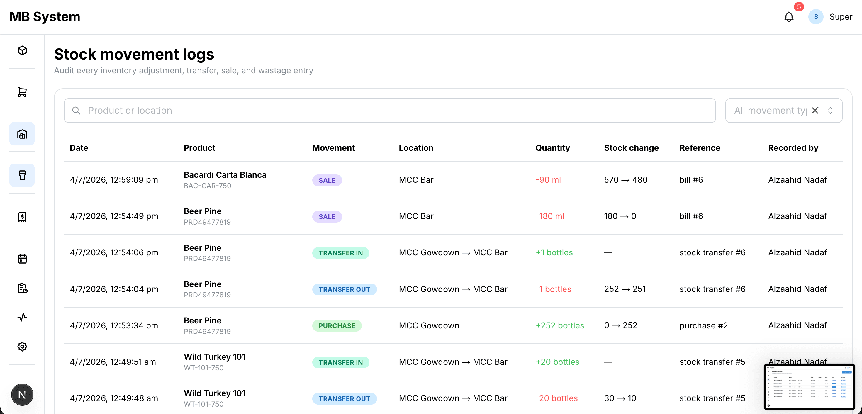ClubServe stock movement log showing sales, purchases and warehouse-to-bar transfers