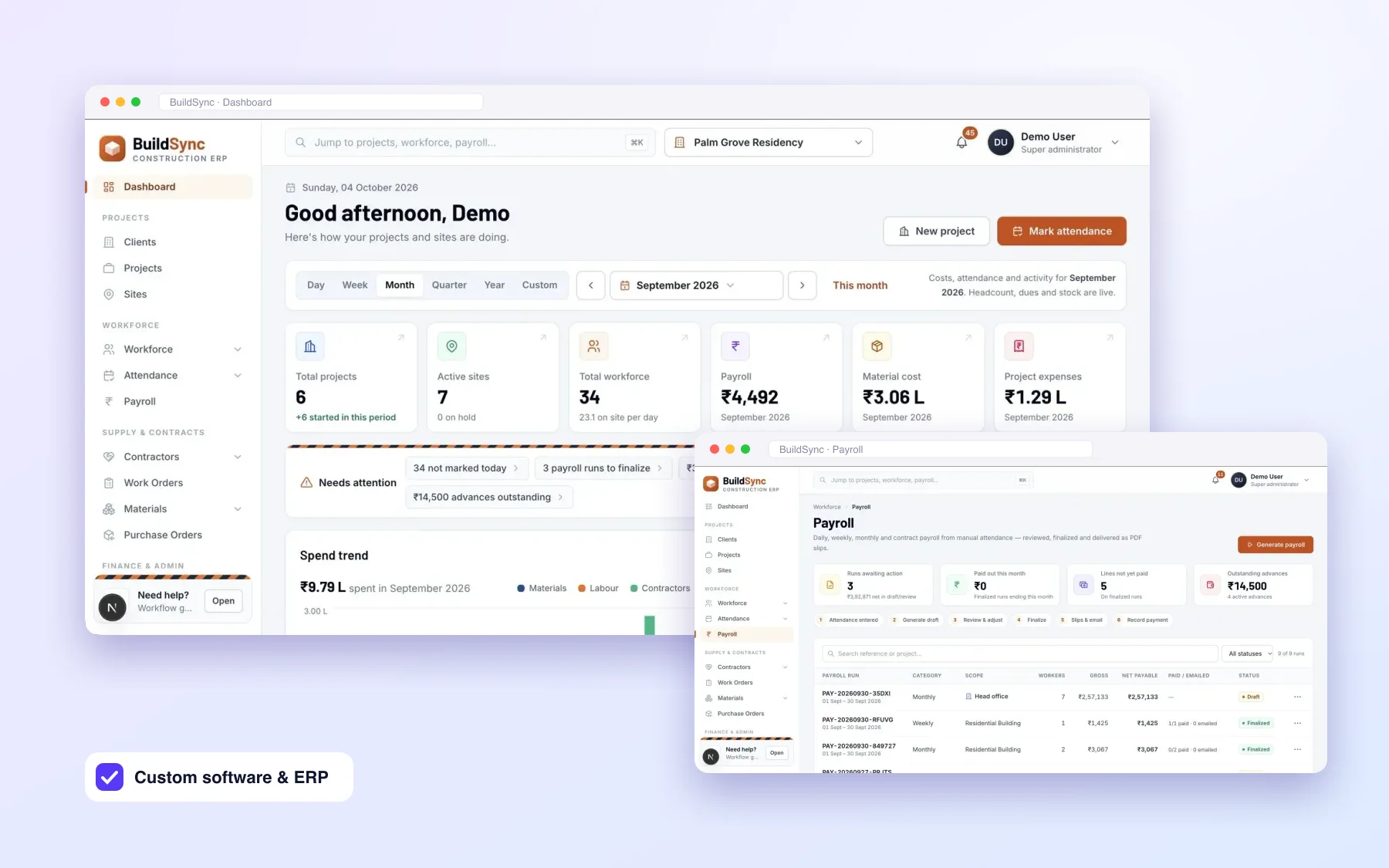 BuildSync construction ERP dashboard and payroll screens built by Create My Site