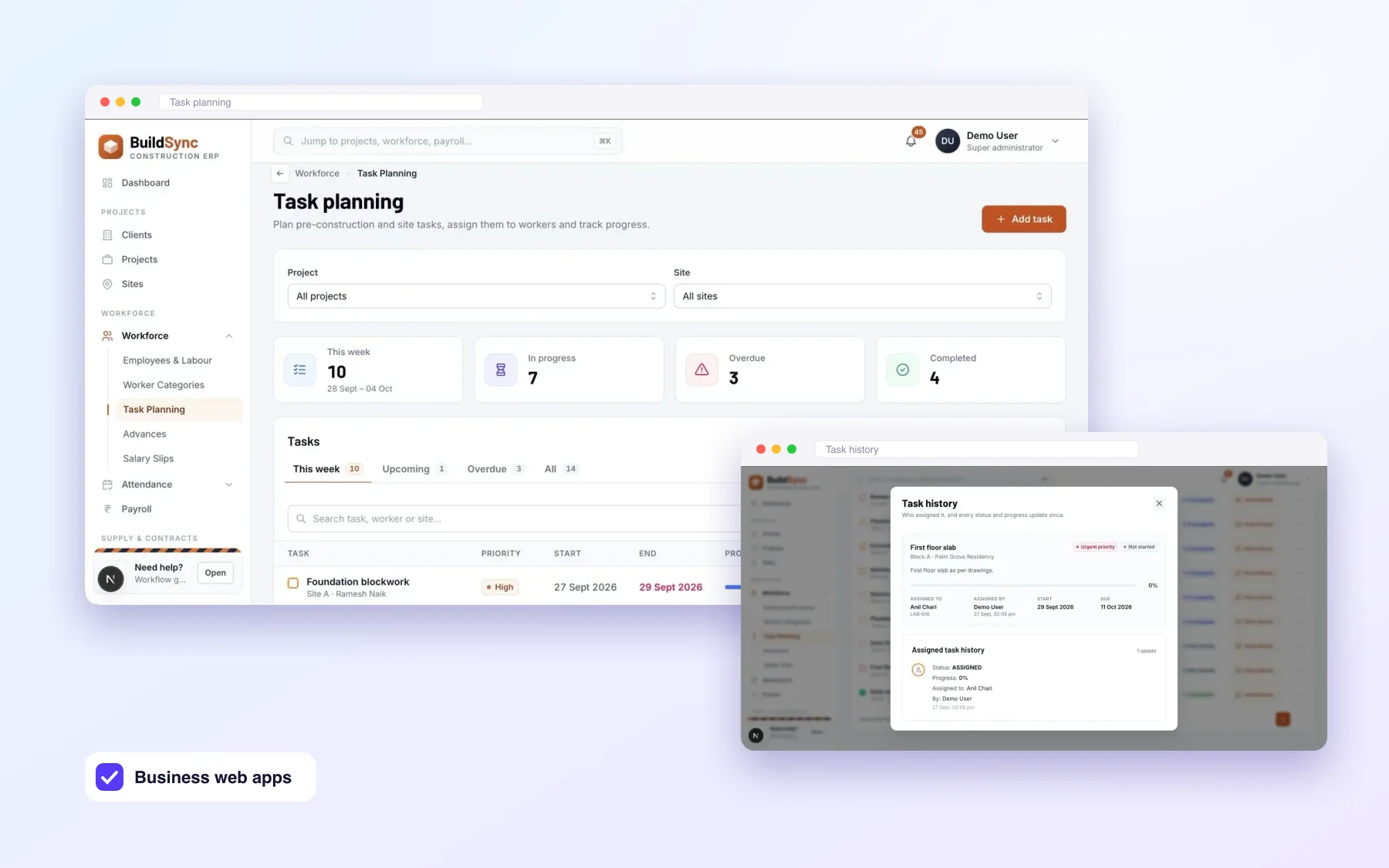 BuildSync task planning and task history screens
