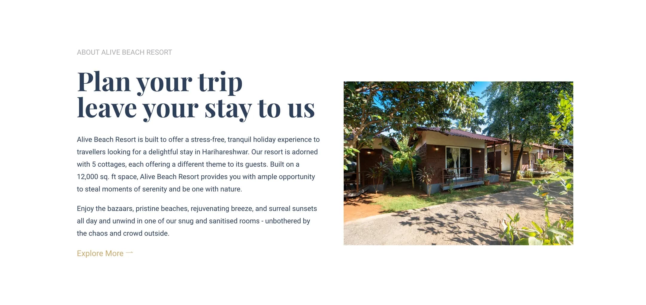 Alive Beach Resort plan your trip: Five themed cottages on 12,000 sq. ft, introduced beside a photograph of the garden.