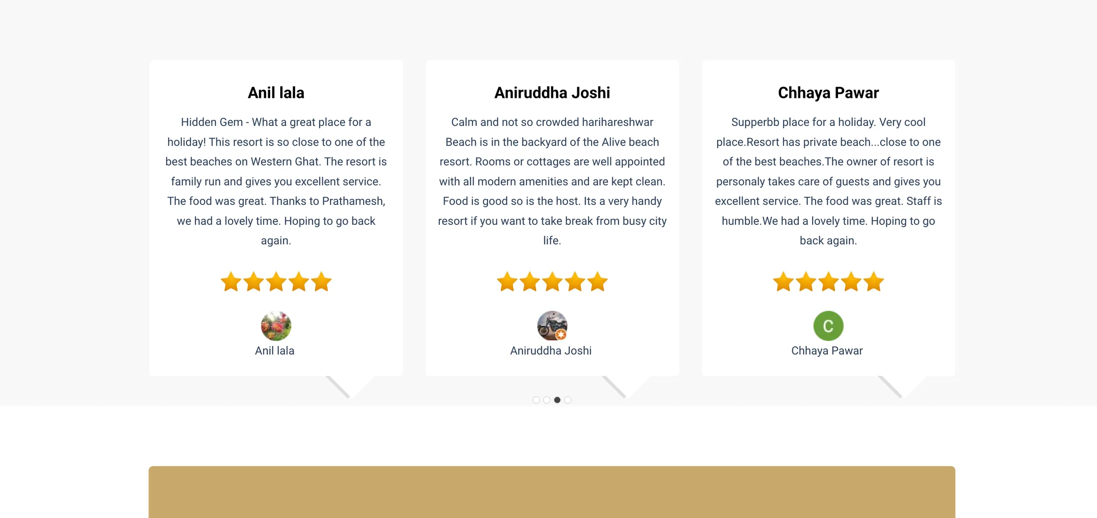 Alive Beach Resort guest reviews: Five-star reviews from real guests, in a carousel on the home page.