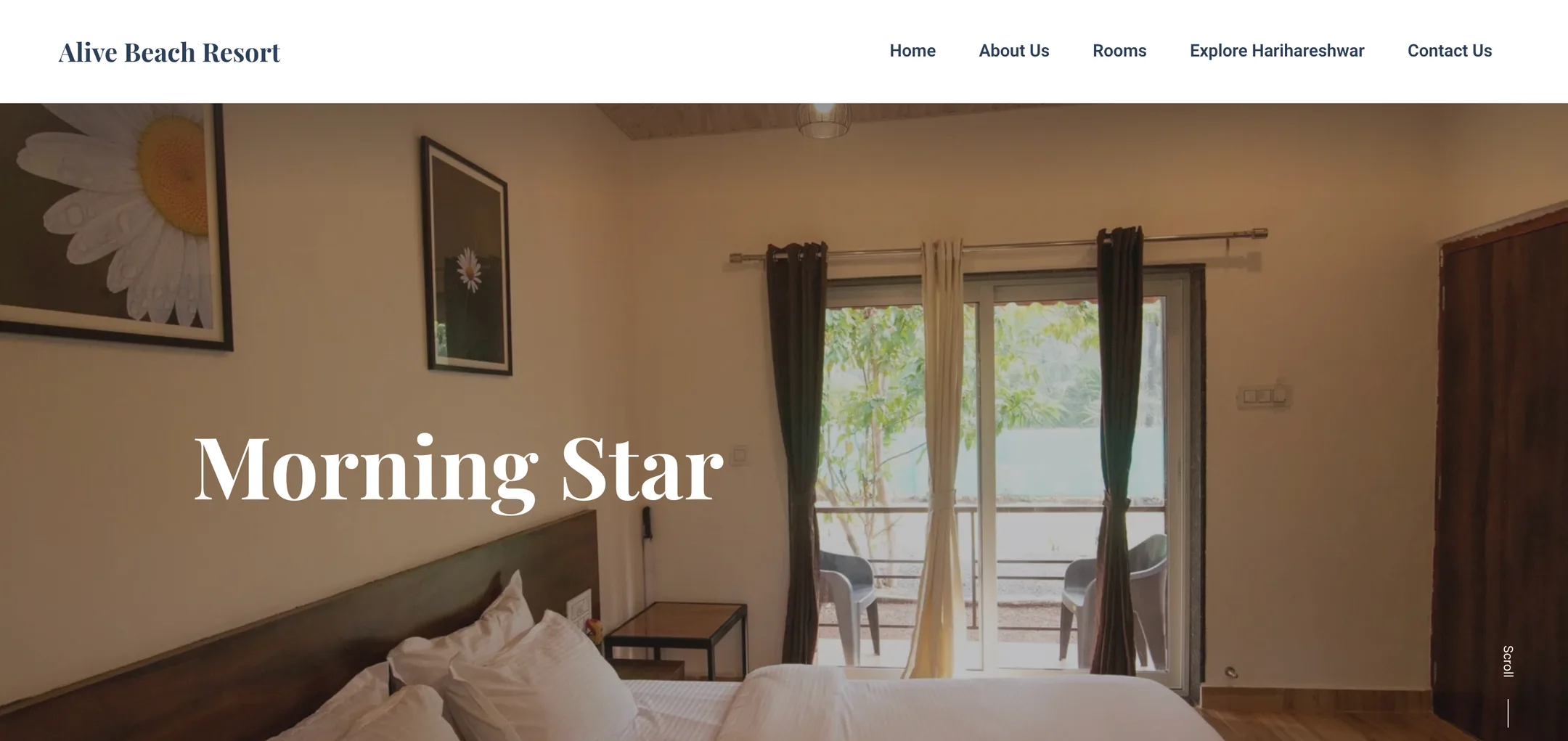 Alive Beach Resort room page: Every cottage opens with a full-bleed photograph and its name set large in a classic serif.