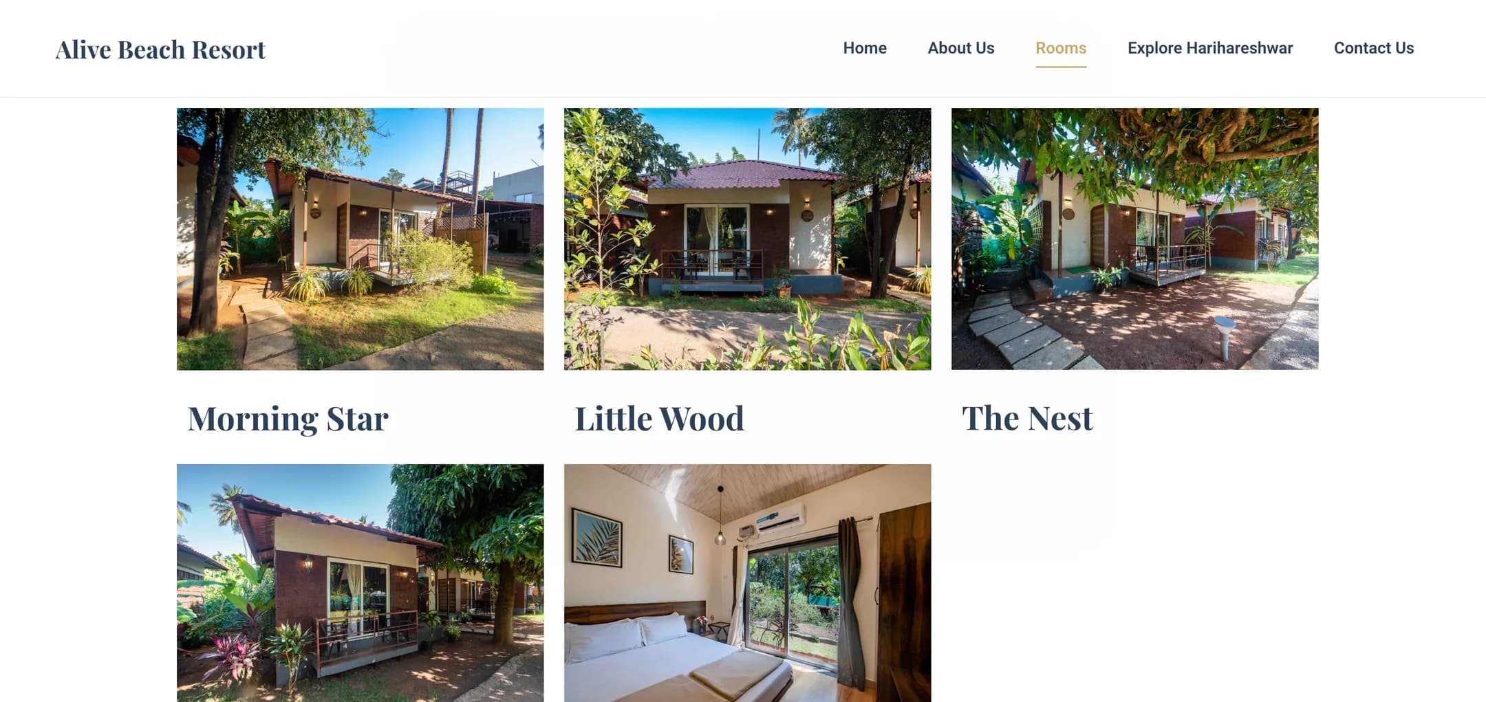 Alive Beach Resort rooms: All five themed cottages — Morning Star, Little Wood, The Nest and more — each with its own photo and page.