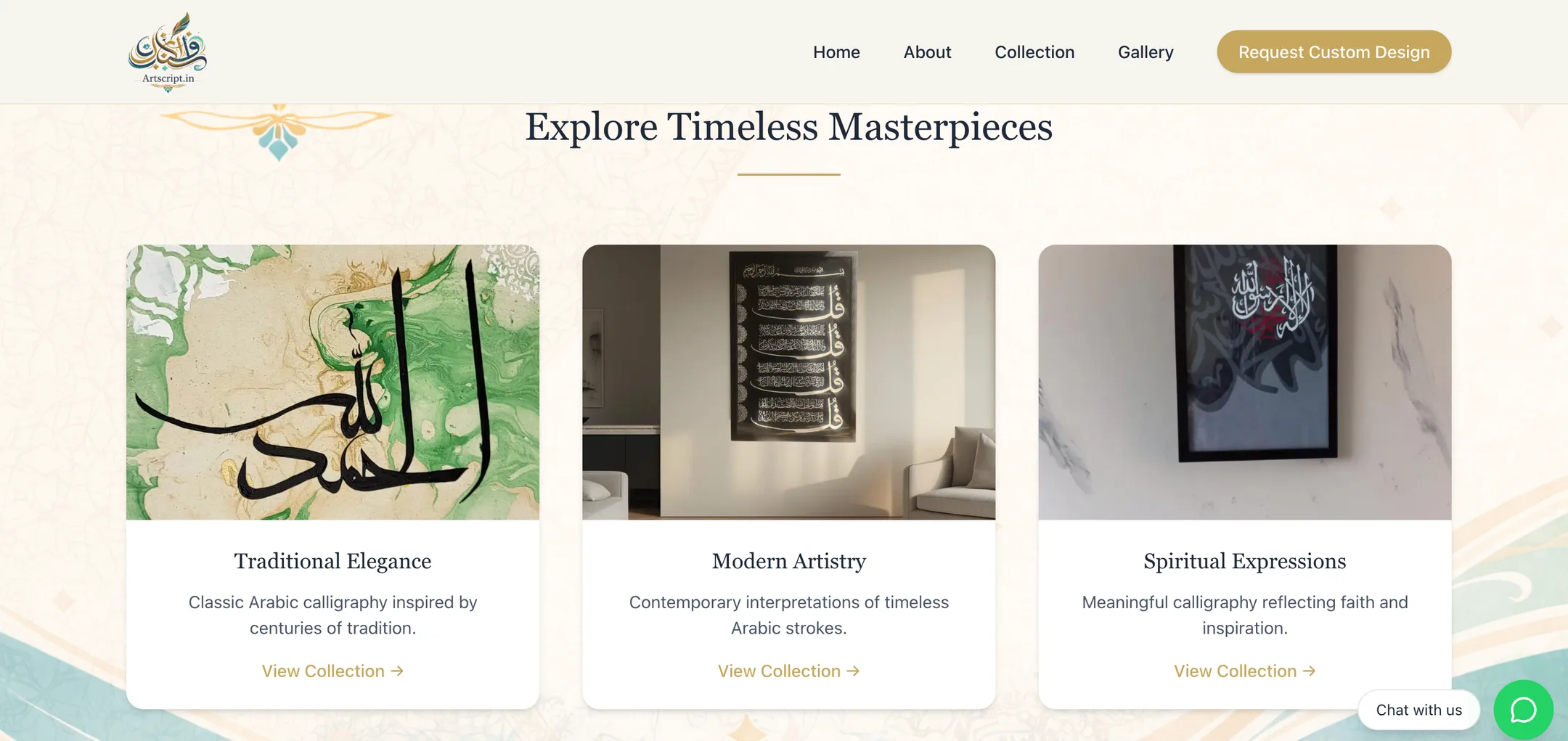 ArtScript collections: Traditional elegance, modern artistry and spiritual expressions, each a card leading to its collection.
