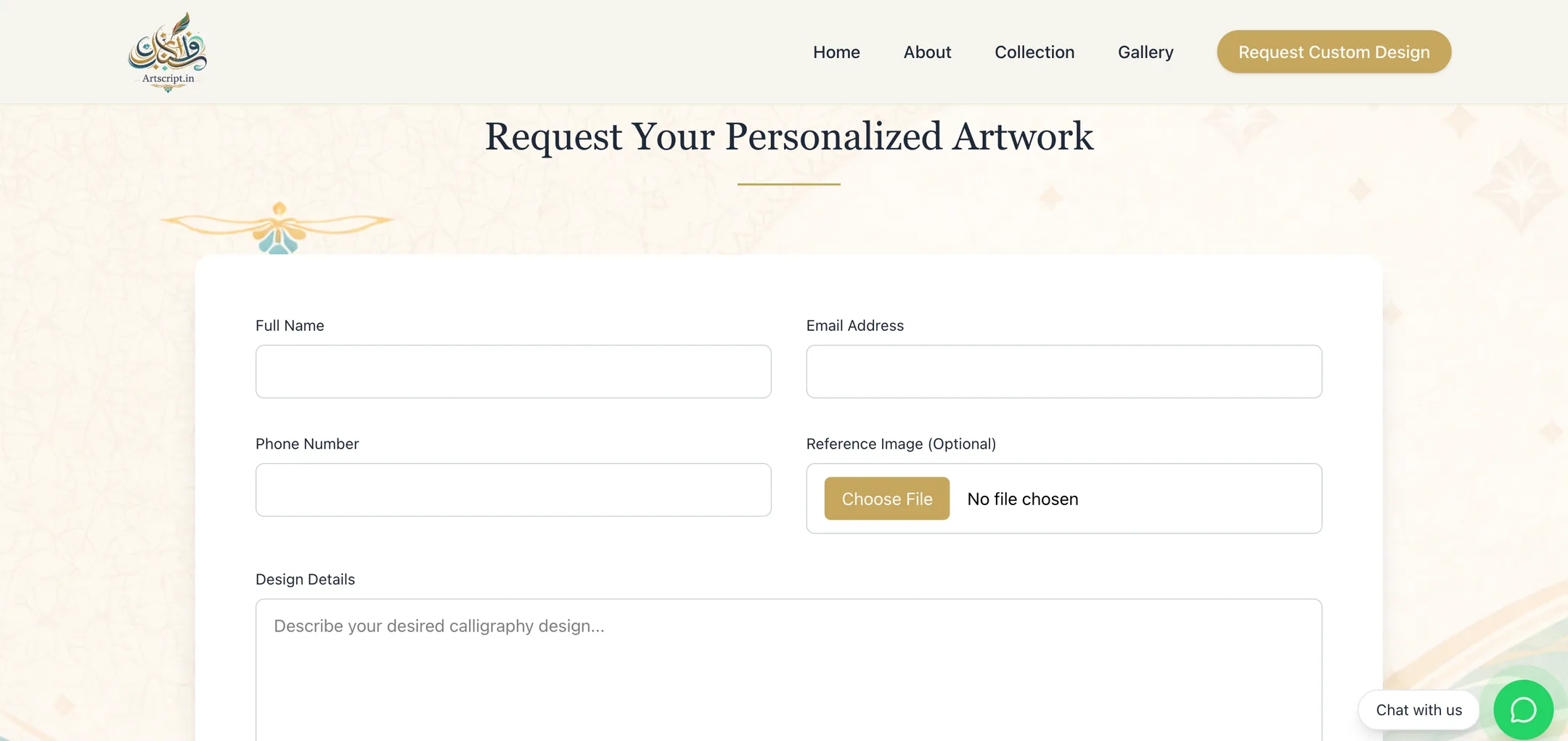 ArtScript request custom design: A commission form with name, email, phone, design details and an optional reference image.