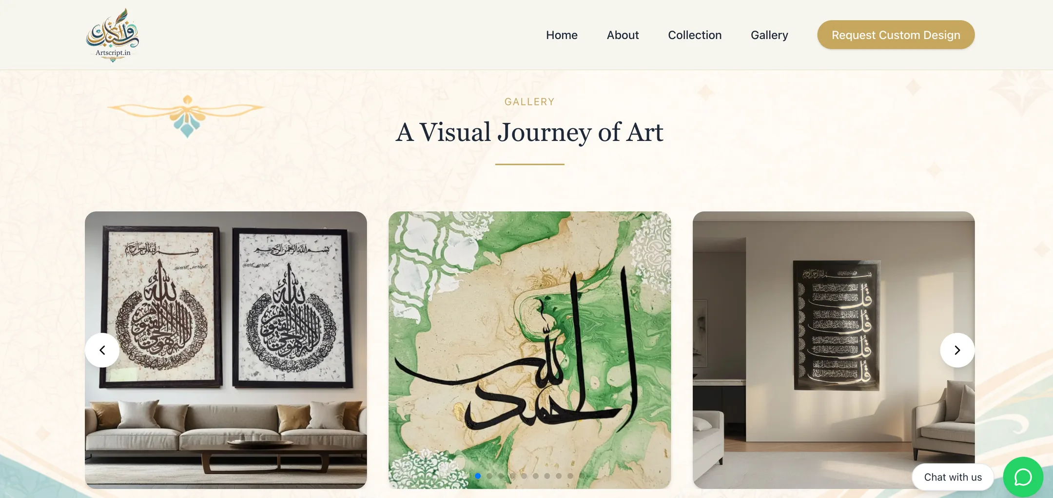 ArtScript gallery: “A visual journey of art” — framed pieces shown in real rooms, in a swipeable carousel.
