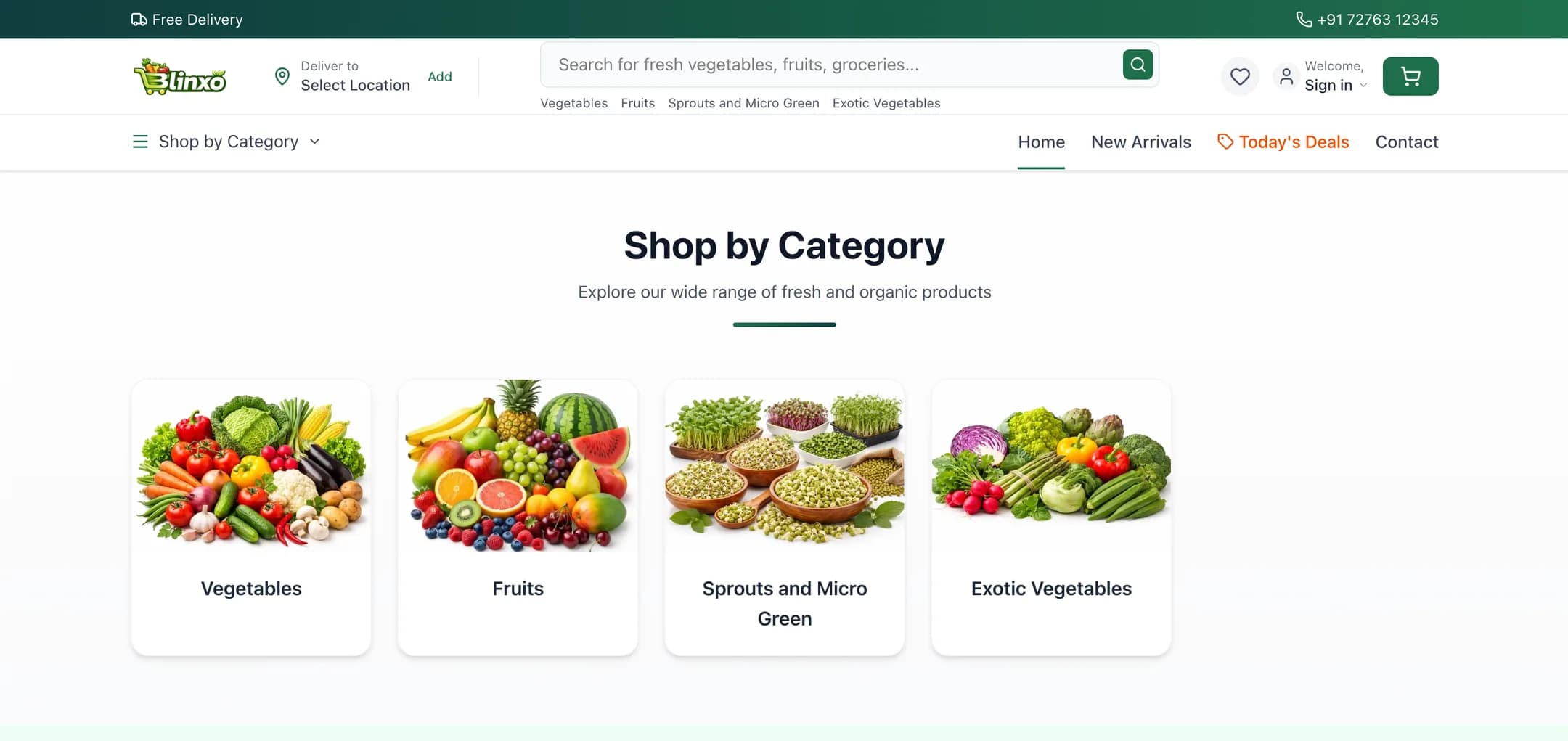 Blinxo shop by category: Vegetables, fruits, sprouts and micro greens, and exotic vegetables, each one tap away.