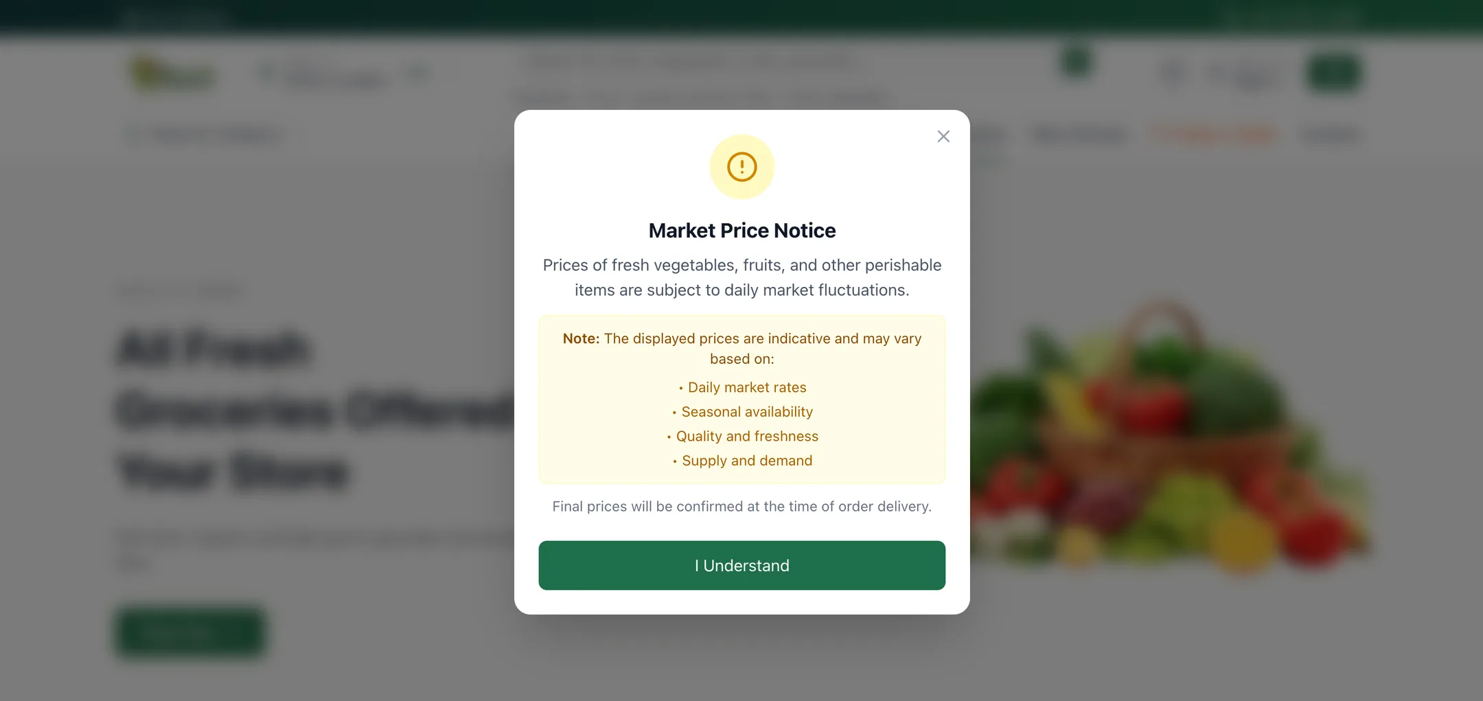 Blinxo market price notice: An honest note up front: fresh produce follows daily market rates, and the final price is confirmed at delivery.