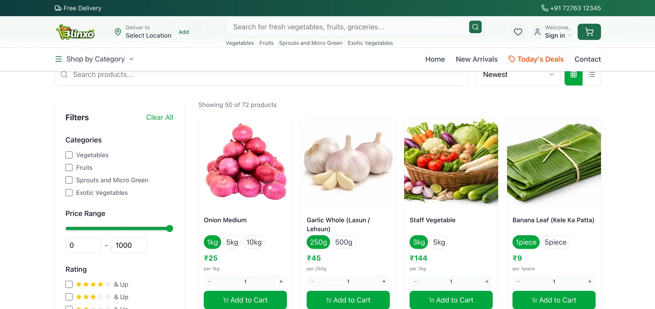 Blinxo shop with filters: Search, sort and filter 72 products by category, price and rating, in grid or list view.