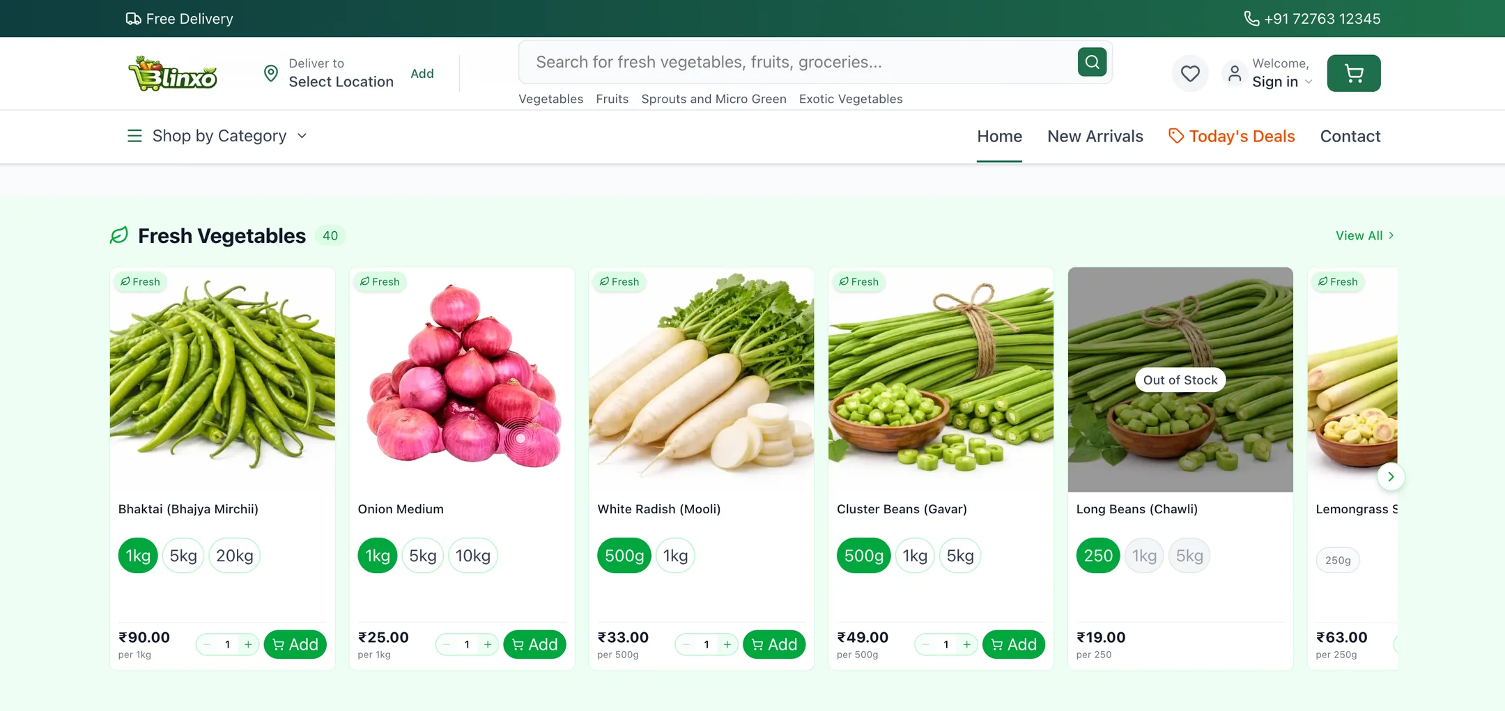 Blinxo fresh vegetables: Every product with its own pack sizes — 500g to 20kg — and the price per pack updating as you choose, with out-of-stock items clearly marked.