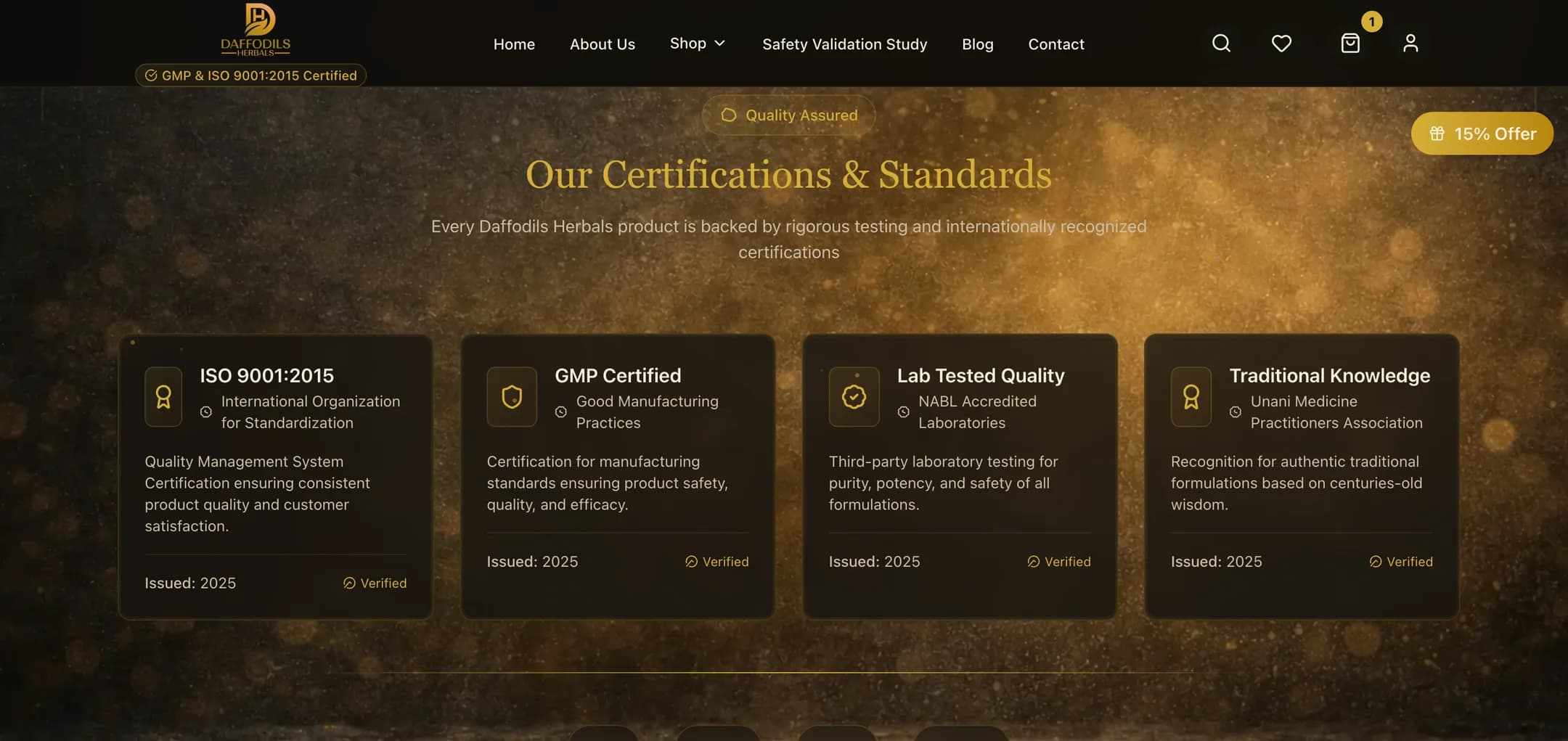 Daffodils Herbals certifications: ISO 9001:2015, GMP, NABL lab testing and Unani recognition, each with its issuer and year.
