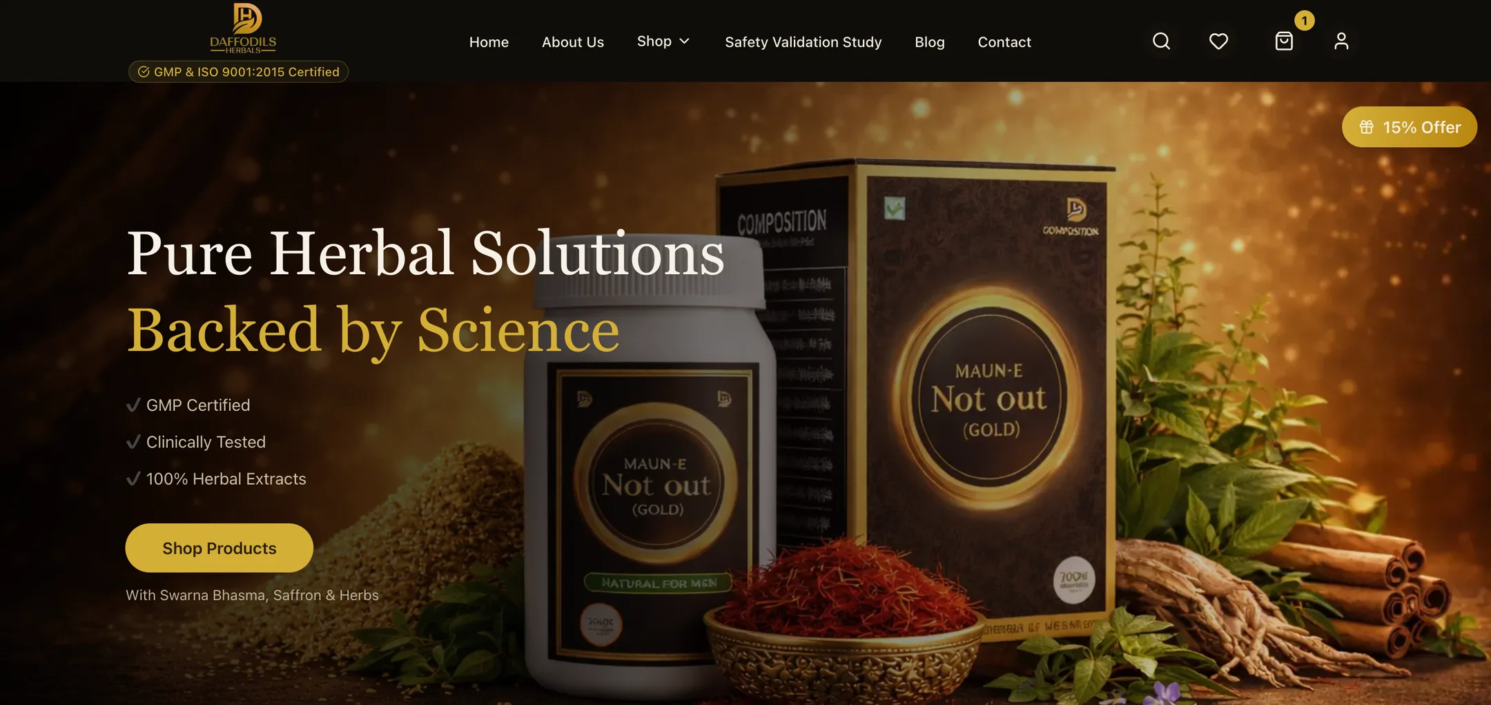 Daffodils Herbals home: A rich, gold-on-black first screen: the hero product, GMP certification, clinical testing and a 15% offer, with the certification badge carried in the header.