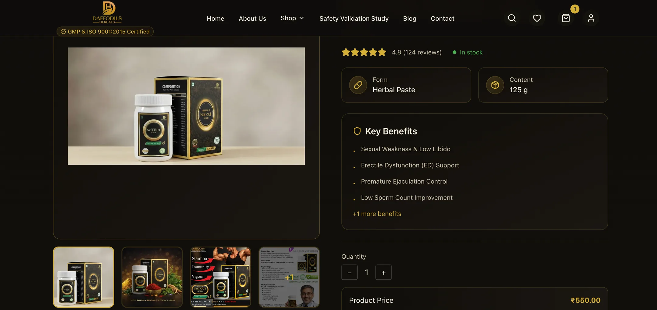 Daffodils Herbals product page: Form and content at a glance, ratings, stock status, key benefits, a gallery and a running price as the quantity changes.