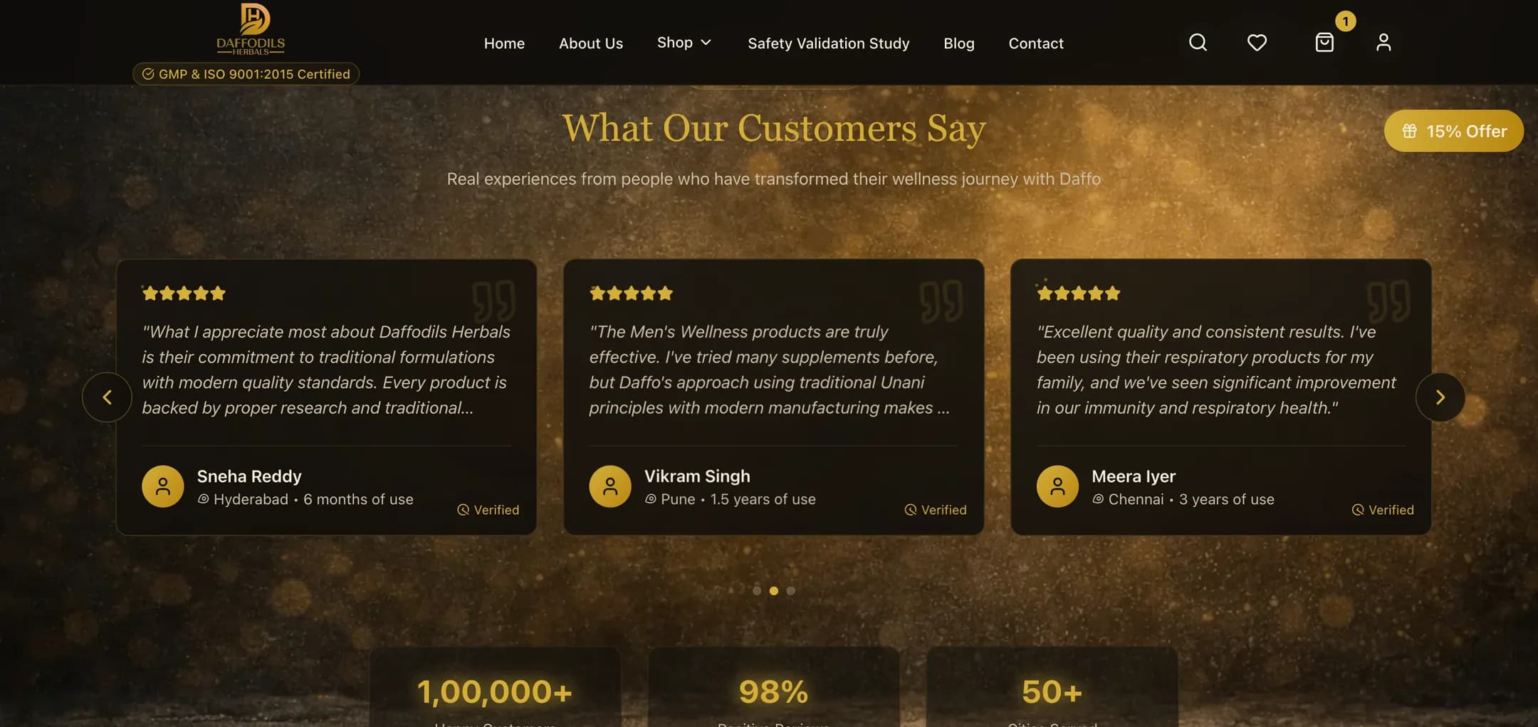 Daffodils Herbals customer stories: Verified reviews with city and how long each customer has used the products.