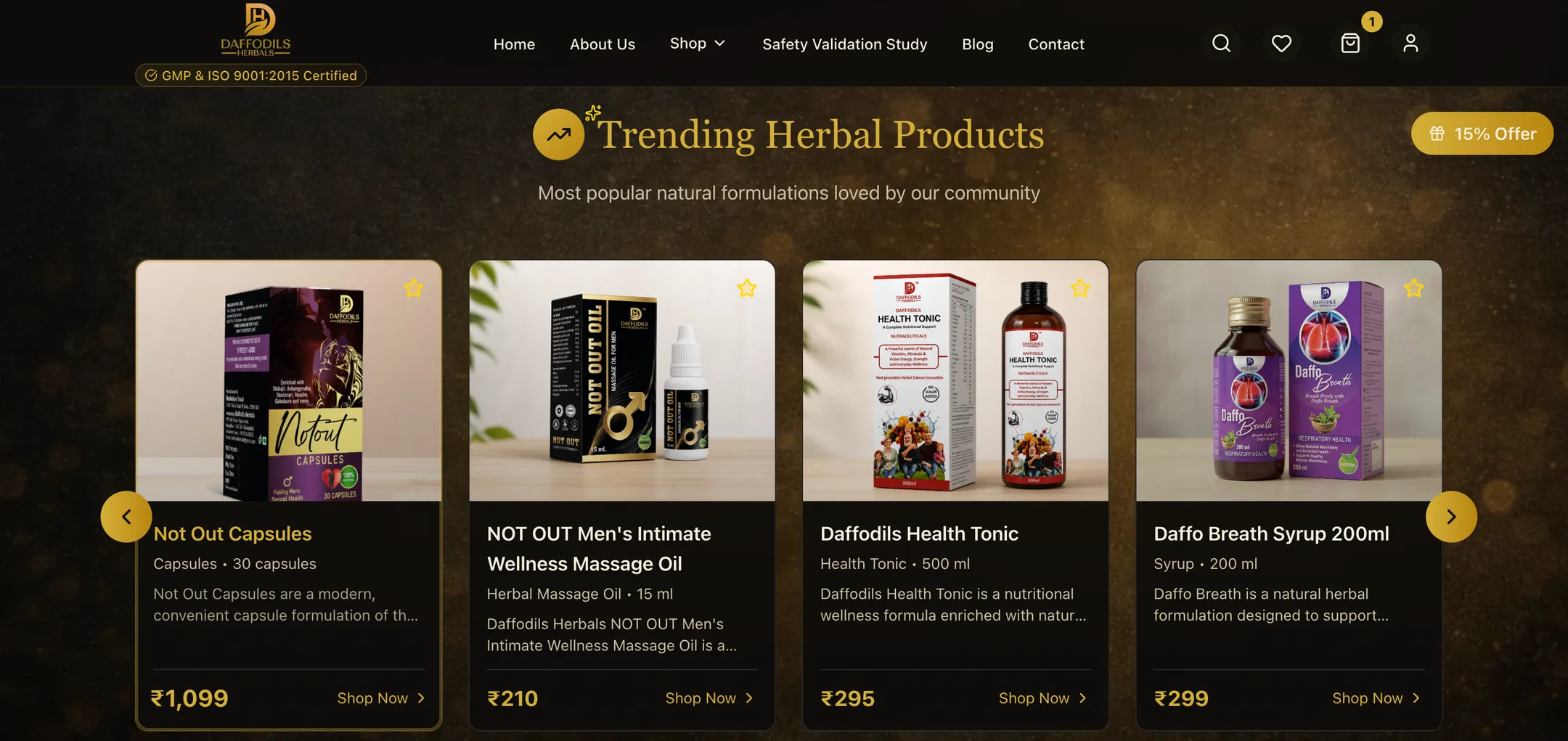 Daffodils Herbals trending products: A carousel of best sellers across men's wellness, health tonics and respiratory care.