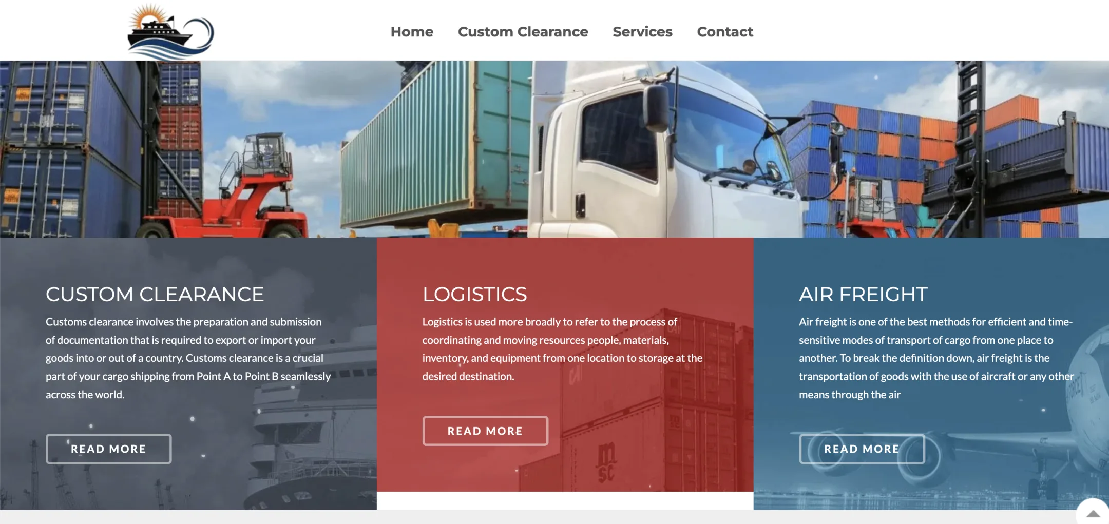 Numeal Kamal what we do: Customs clearance, logistics and air freight as three bold colour panels, each with a read-more link.