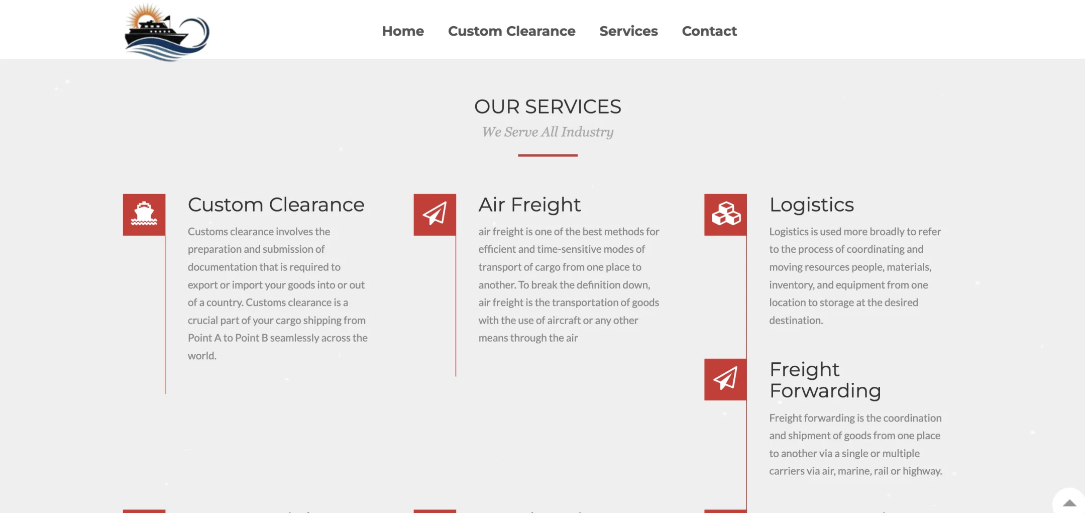 Numeal Kamal our services: Every service — customs clearance, air and ocean freight, freight forwarding, warehousing and transportation — with an icon and a plain-English explanation.