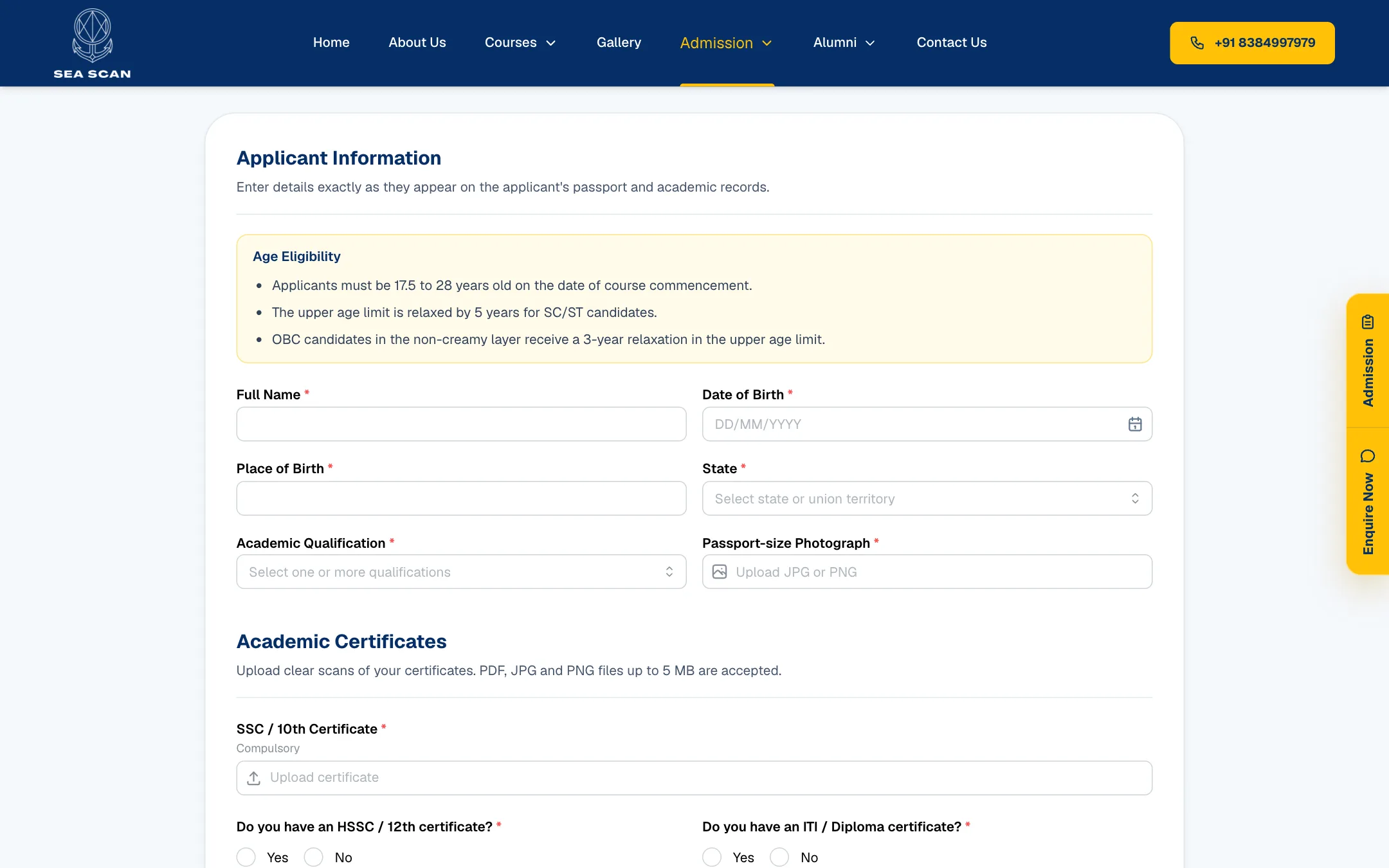 Sea Scan Maritime Foundation online admission: A structured application with eligibility rules, document uploads and validation — replacing paper forms.
