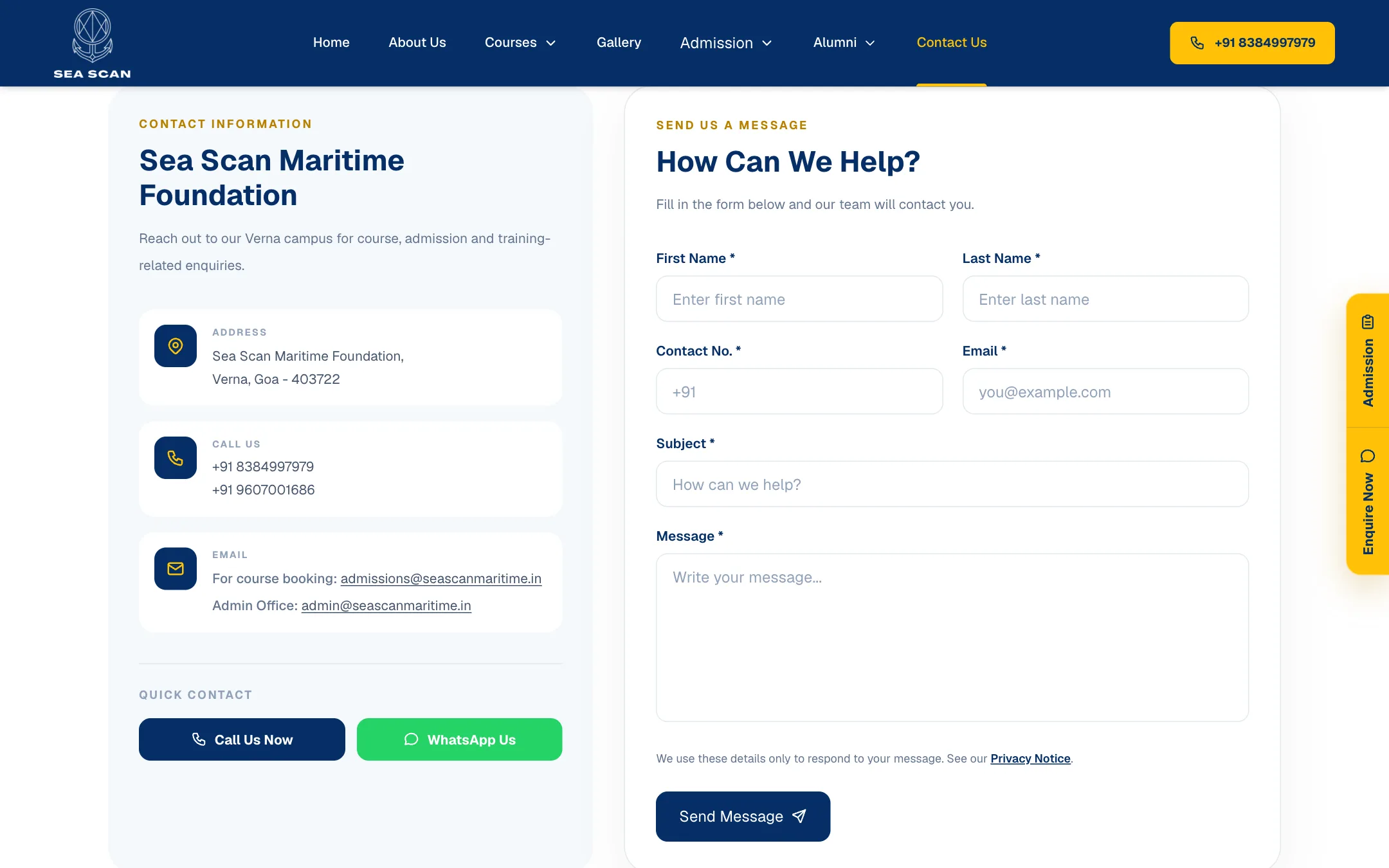 Sea Scan Maritime Foundation contact: Campus details and an enquiry form side by side, for course and admission questions.
