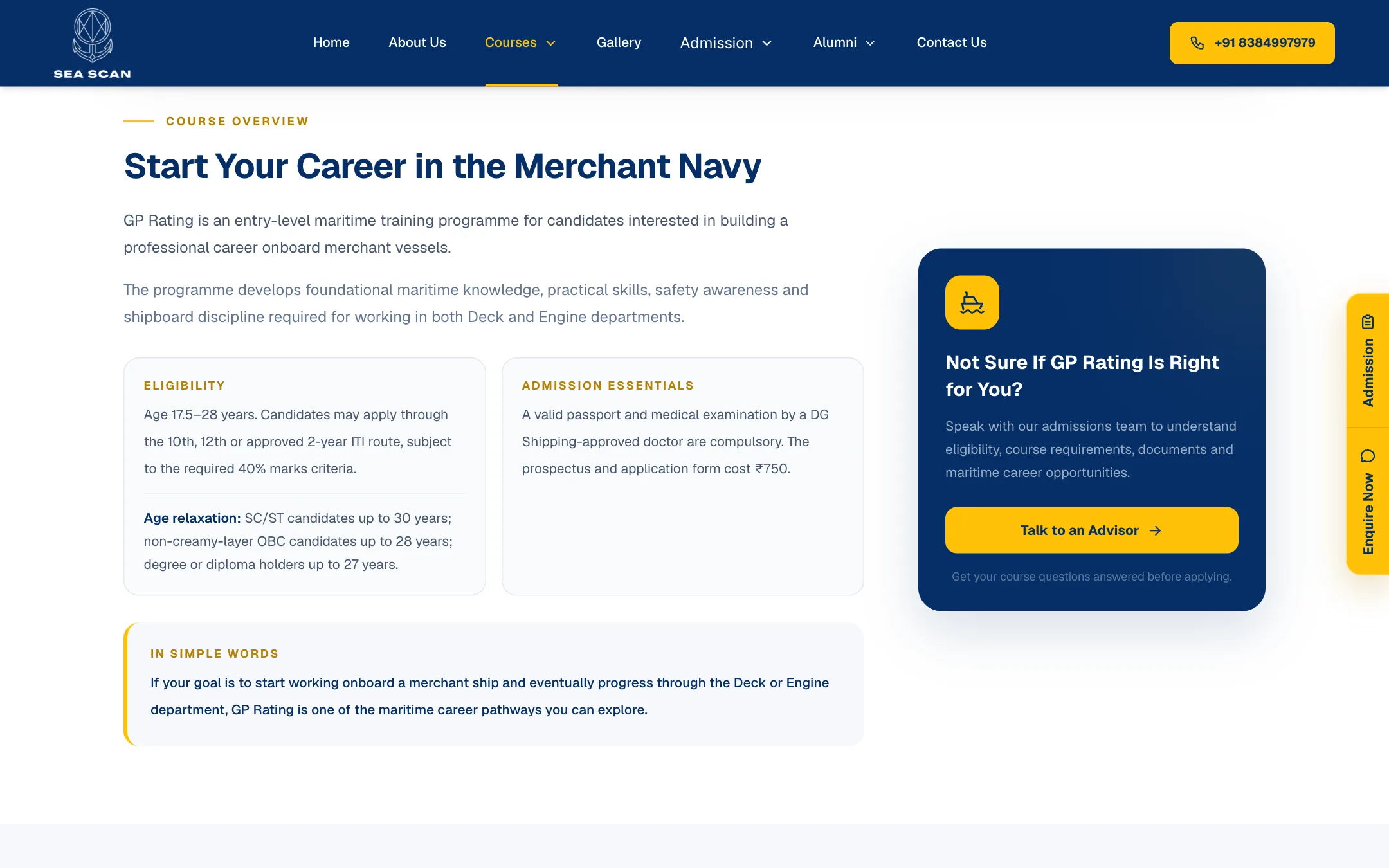 Sea Scan Maritime Foundation course details: Eligibility, admission essentials and an advisor call-to-action, so students and parents get answers before they apply.