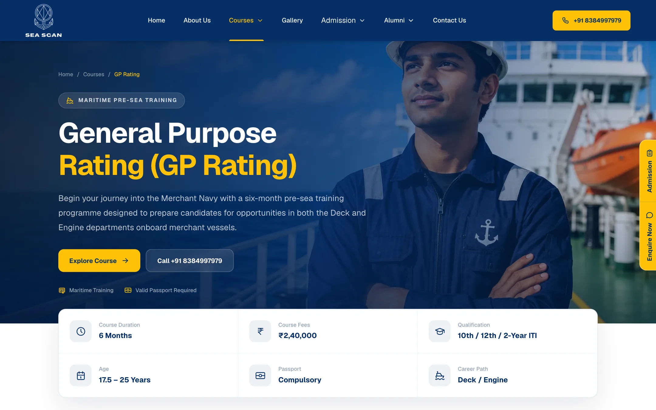 Sea Scan Maritime Foundation course pages: Every programme gets a dedicated page — here GP Rating — with a cinematic hero and direct call and enquiry actions.