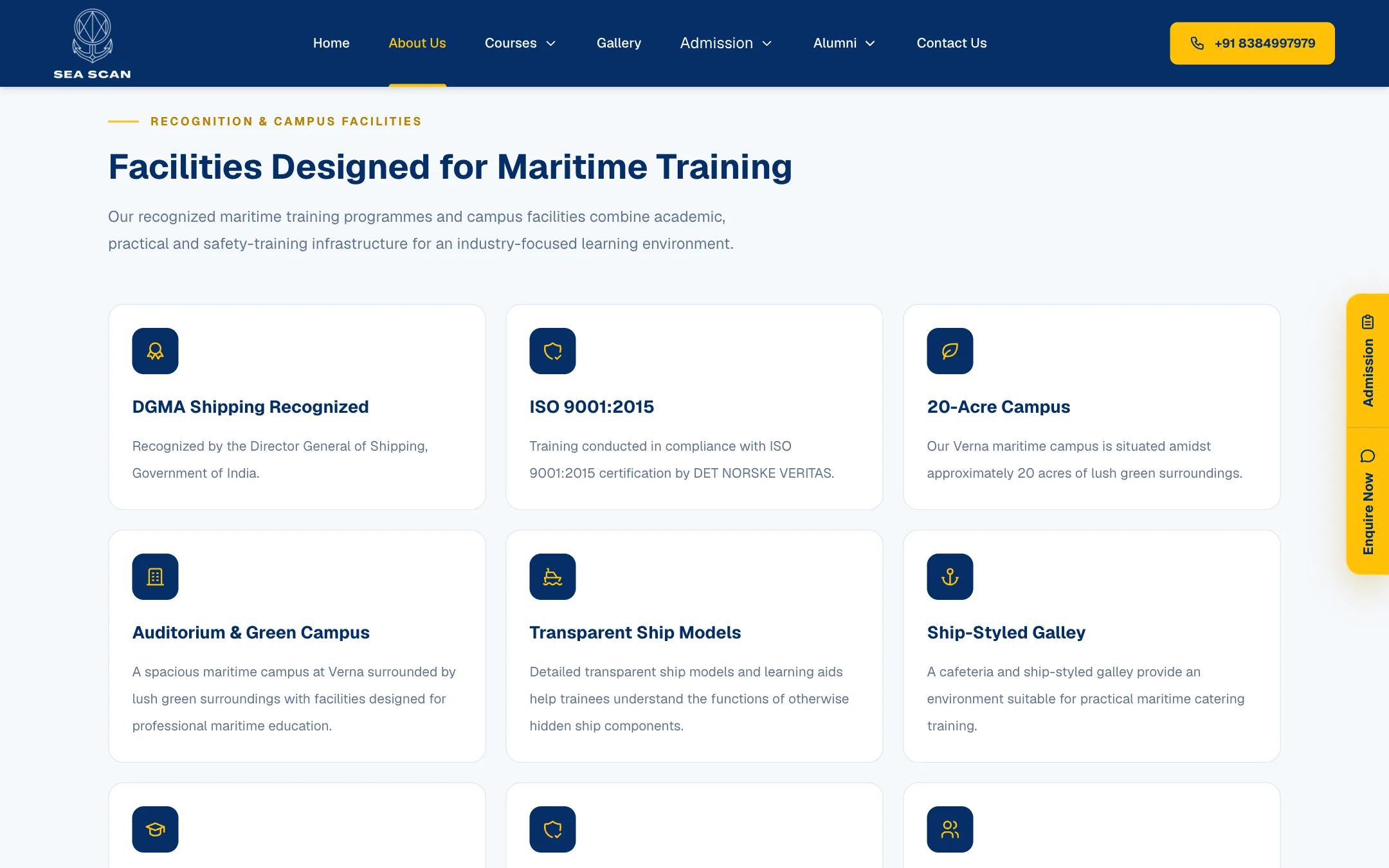 Sea Scan Maritime Foundation recognition & facilities: DGMA recognition, ISO 9001:2015 certification and campus facilities, each with its own card.