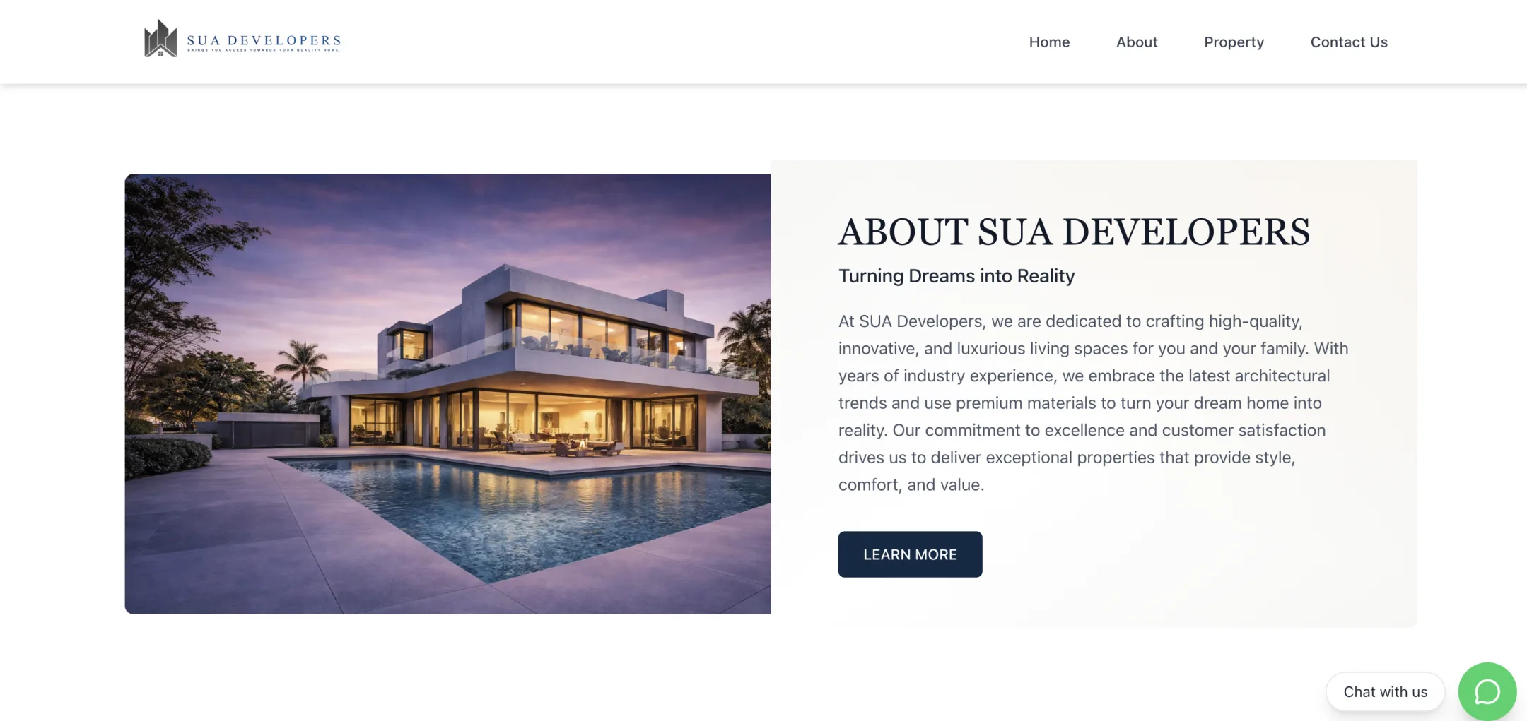 SUA Developers about sua developers: Turning dreams into reality: the company's promise of quality, design and value beside a lit-up modern villa.