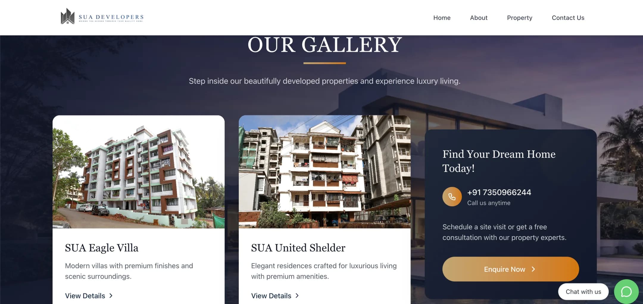 SUA Developers our gallery: Completed developments with a view-details link, beside a call-anytime number and an Enquire Now button.