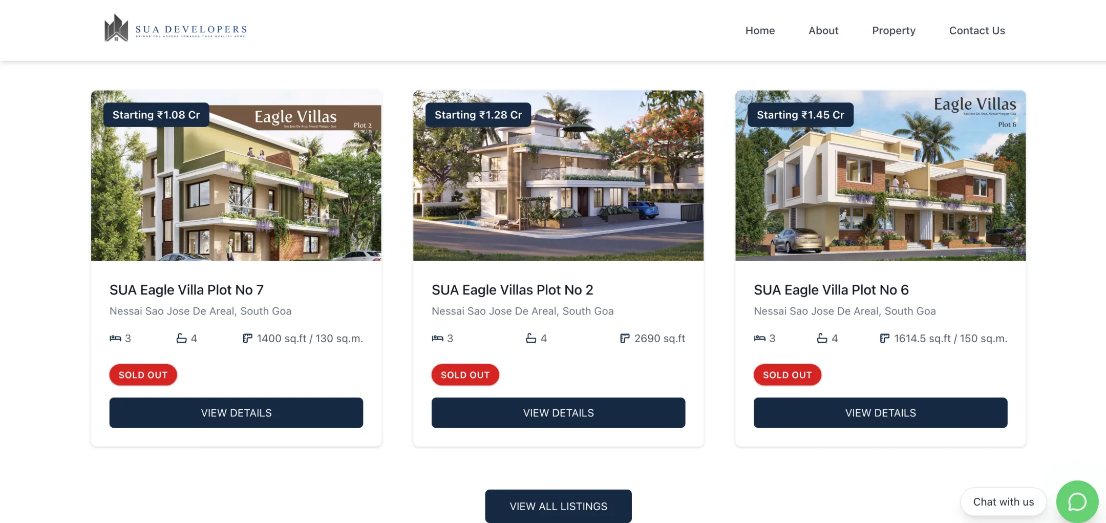 SUA Developers featured listings: Eagle Villas plots as cards with starting price, beds, baths, area in sq.ft and sq.m, and a clear sold-out badge.