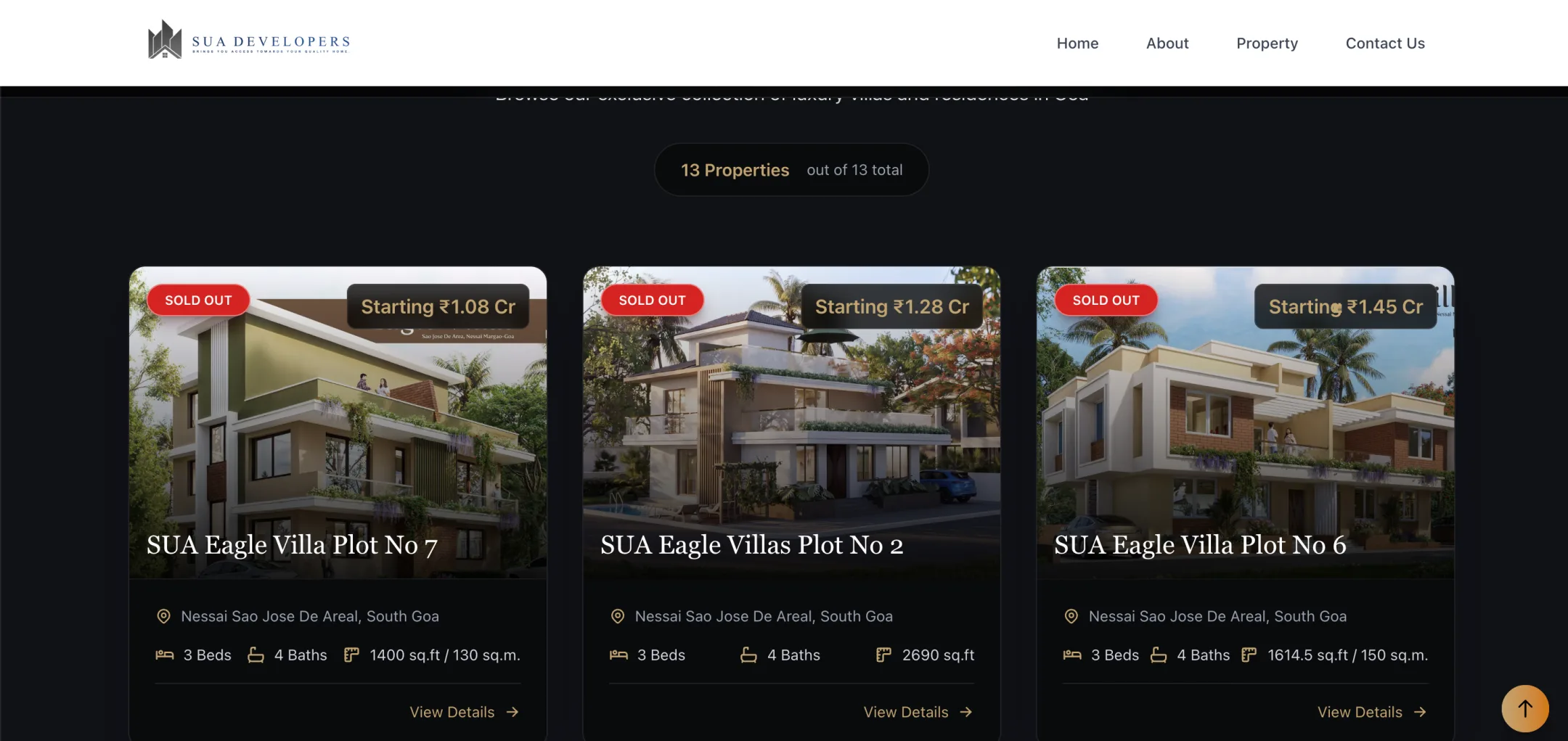 SUA Developers property listings: Every property on one dark, gold-accented page, with a live count, status and starting price on each card.