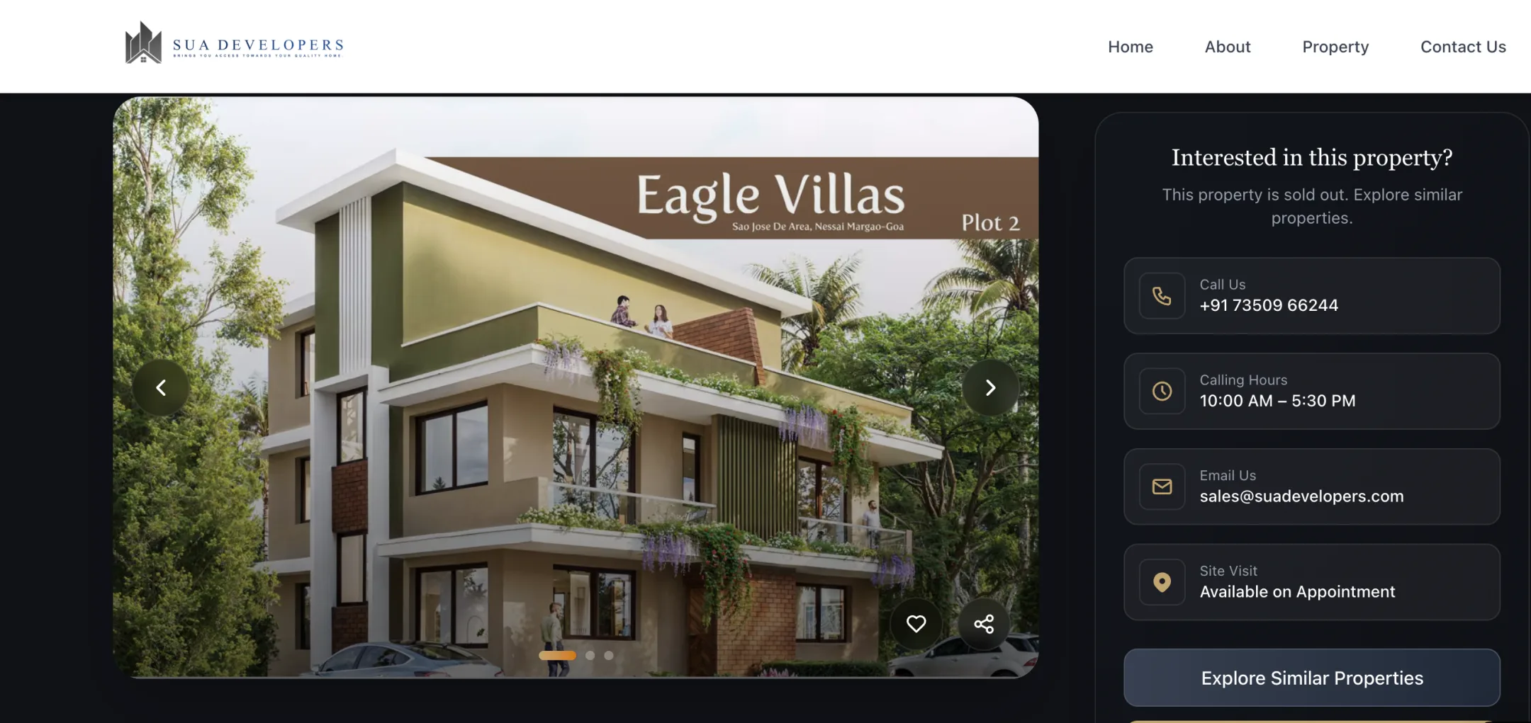 SUA Developers enquire about a property: A photo carousel with save and share, beside call, calling hours, email and site-visit details.