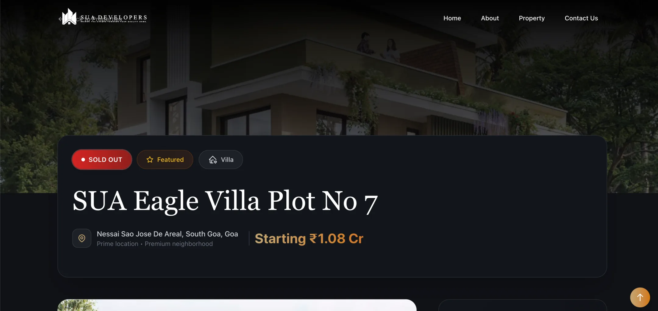 SUA Developers property page: Each property opens on its own hero with sold-out, featured and villa badges, location and the starting price.