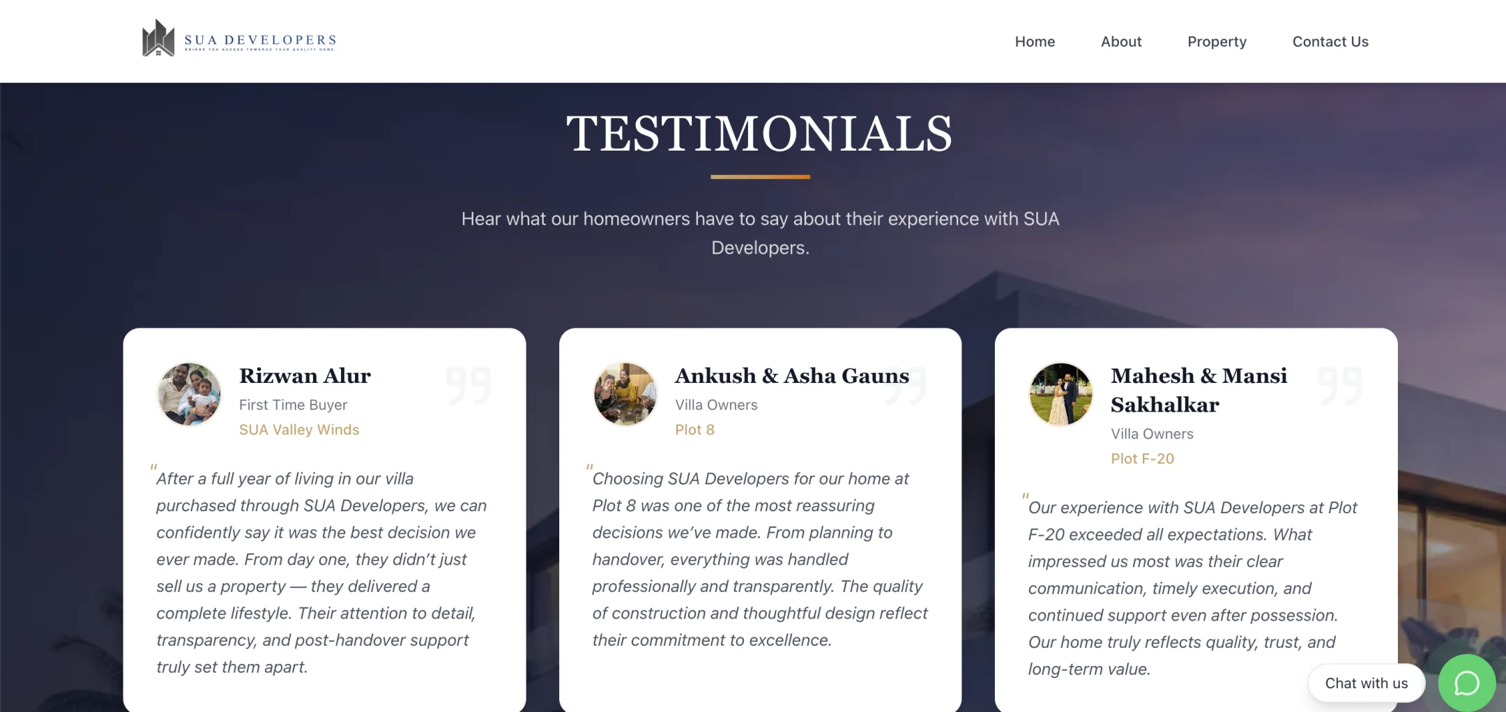 SUA Developers testimonials: Homeowners in their own words, each with their photo, project and plot.