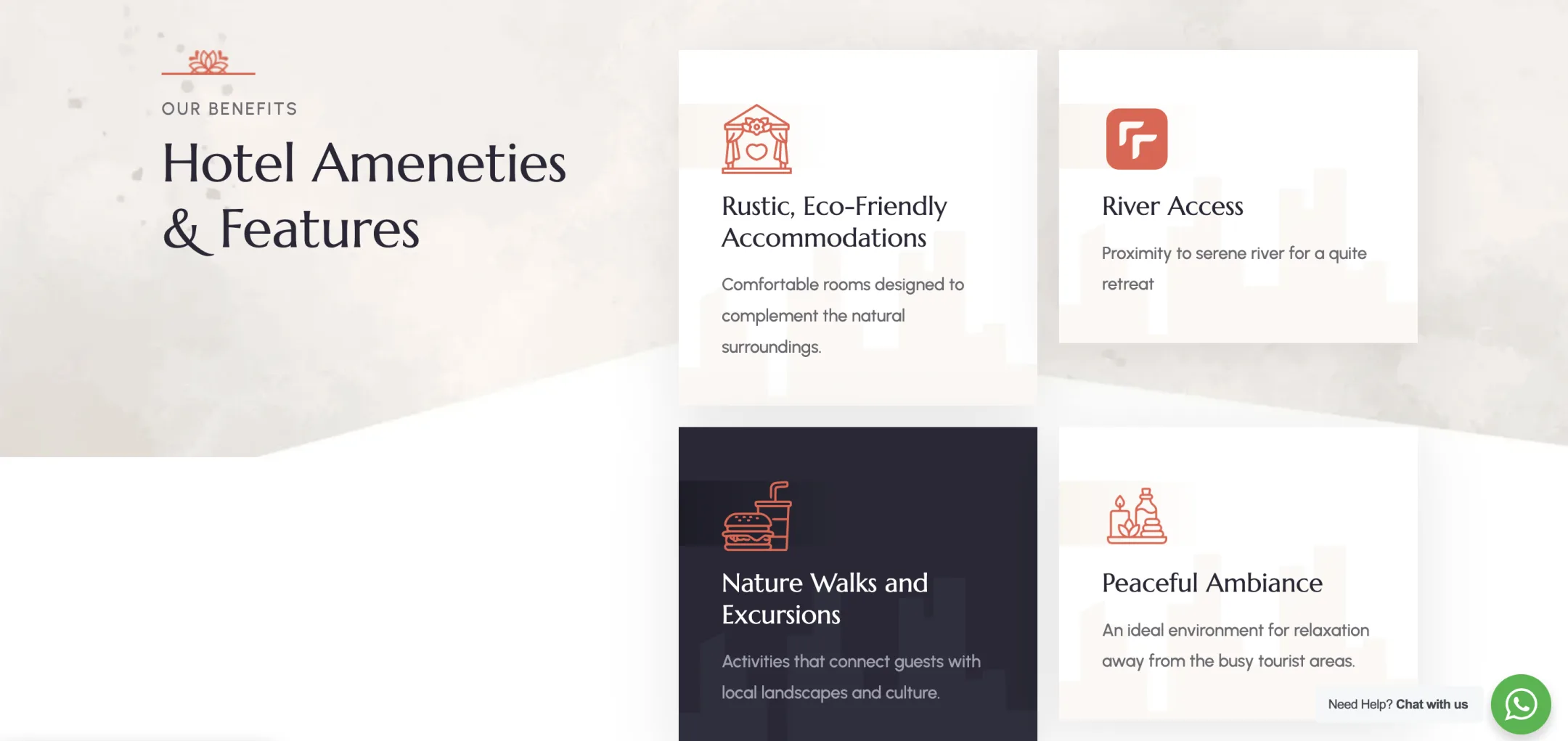 WMR Goa amenities & features: Rustic eco-friendly huts, river access, nature walks and a peaceful setting, each a card with a line-art icon.