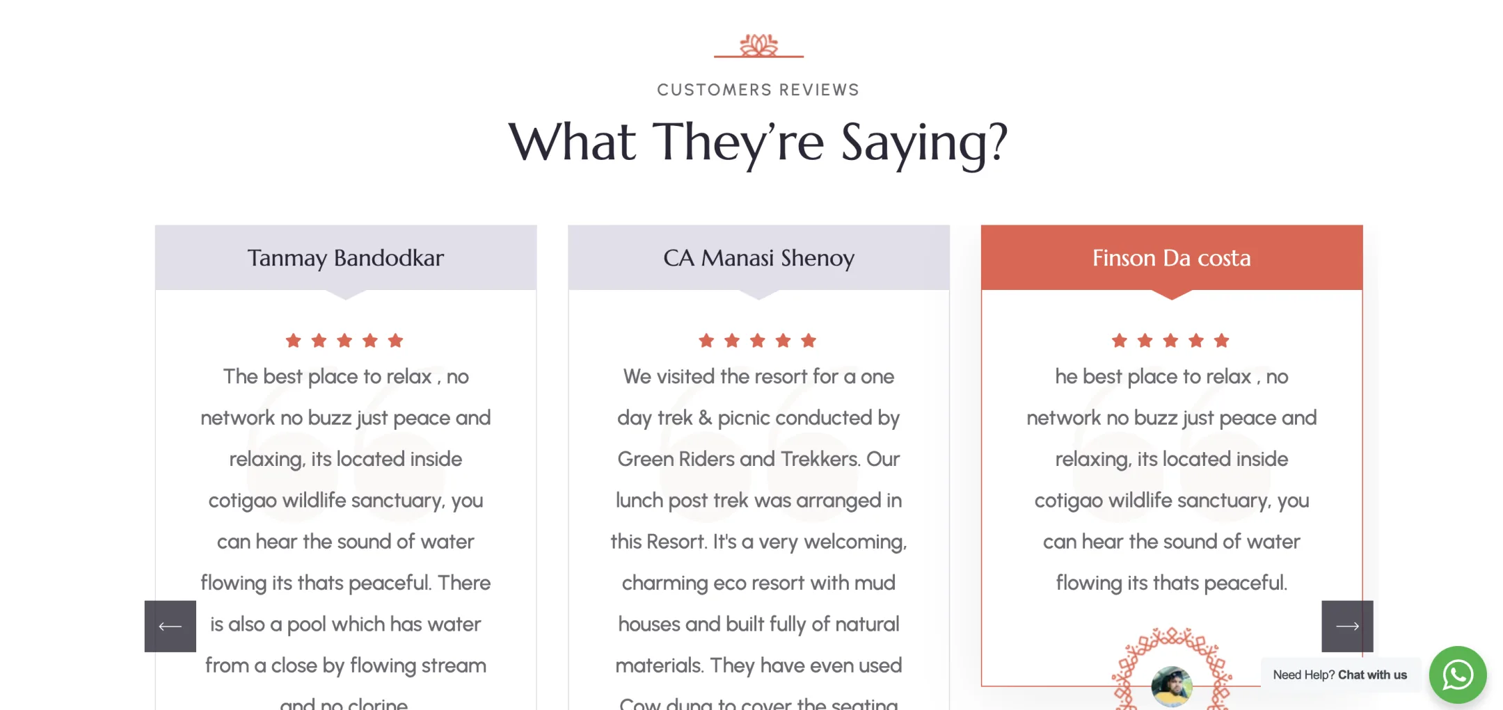 WMR Goa guest reviews: Five-star words from guests about the river, the quiet and the natural materials, in a carousel.