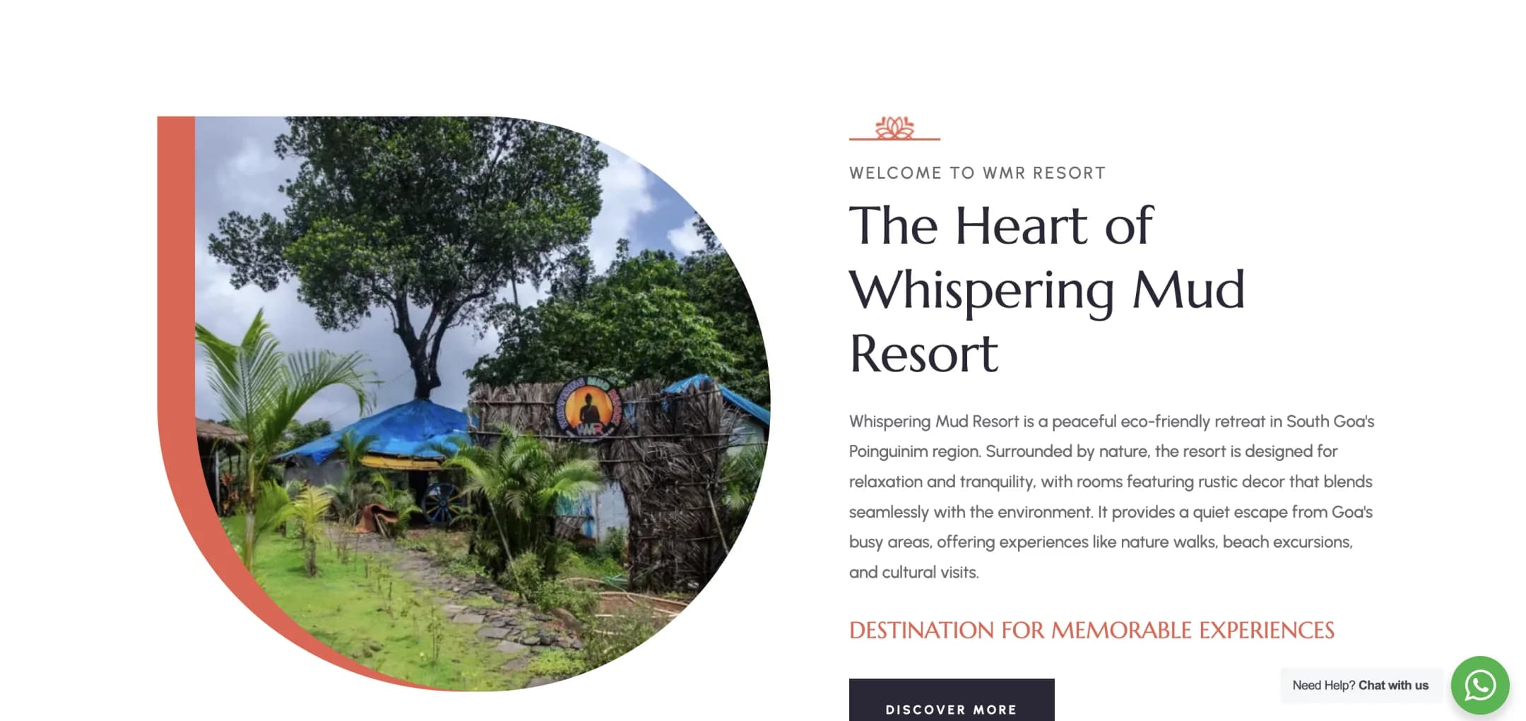 WMR Goa welcome: The heart of Whispering Mud Resort: an eco-friendly retreat in South Goa's Poinguinim, framed by a curved photo of the entrance.